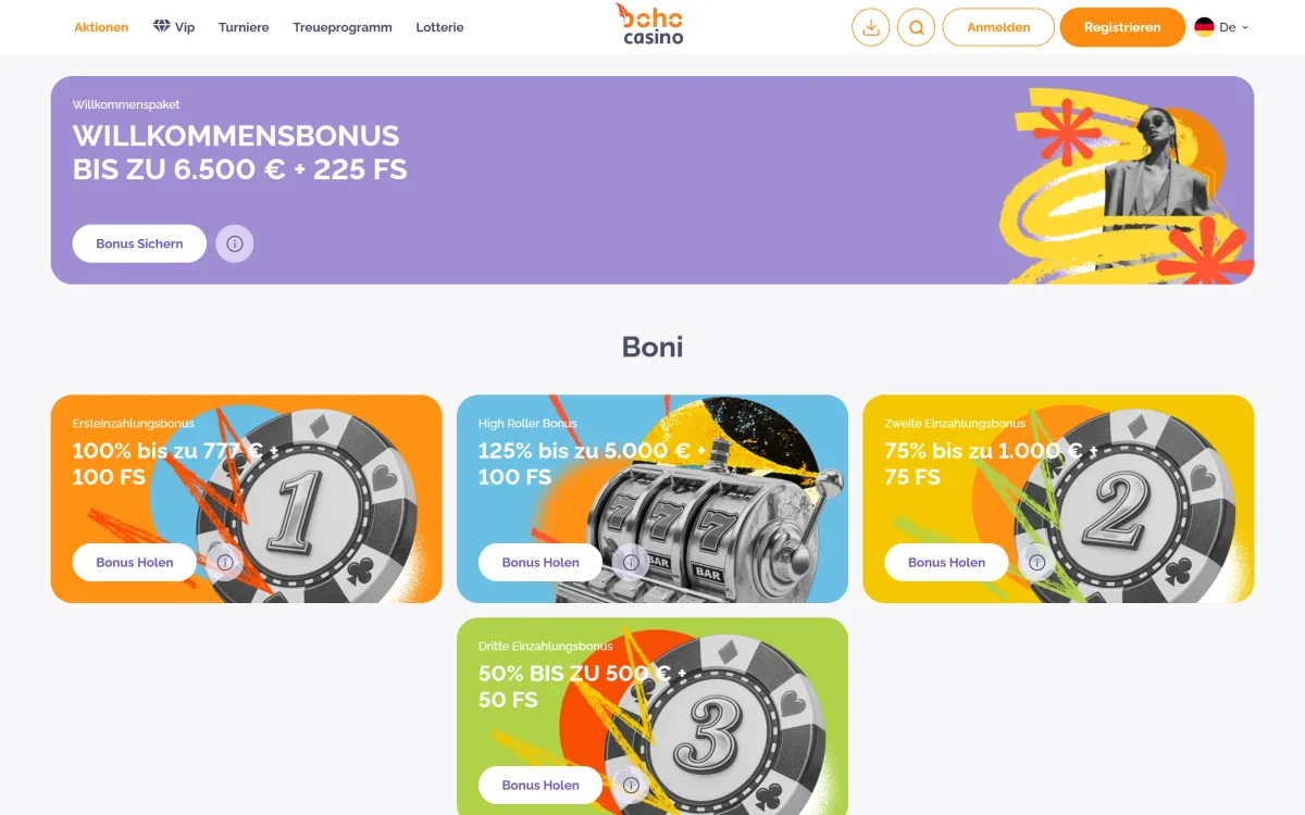 Aktionsseite von Boho Casino mit Willkommenspaket bis 6.500 Euro
