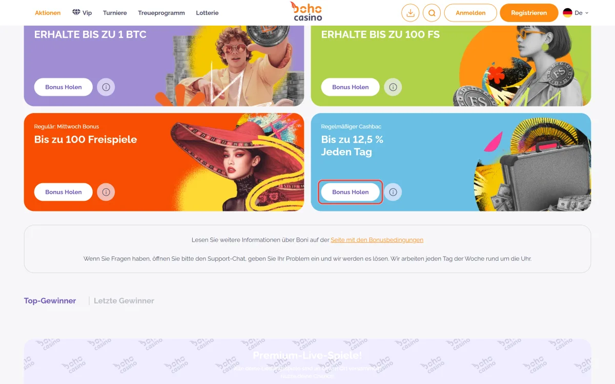 Schaltfläche Bonus Holen auf der Aktionsseite von Boho Casino