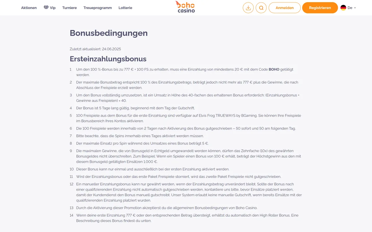 Bonusbedingungen von Boho Casino mit Umsatz und Fristen