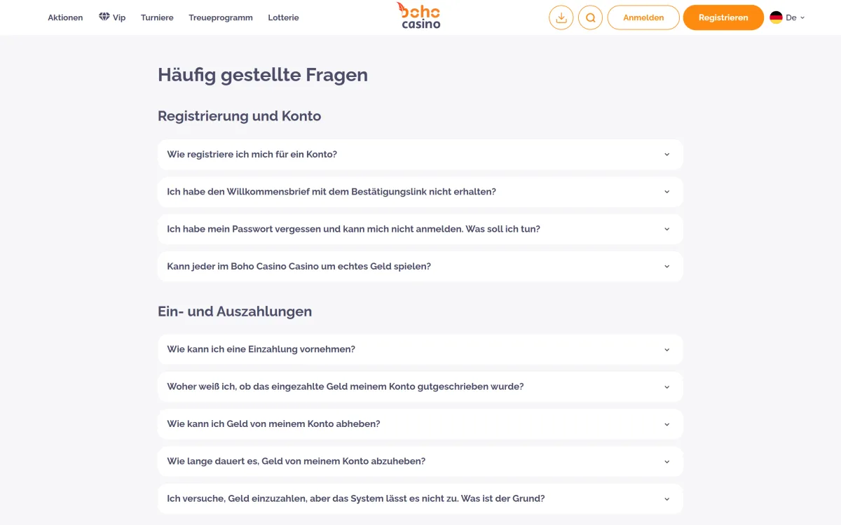FAQ Bereich von Boho Casino mit Antworten zu Konto und Zahlungen