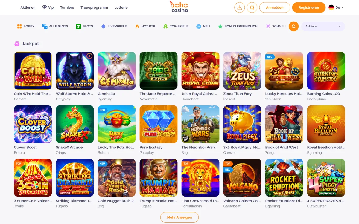Jackpot Spiele im Boho Casino mit Coin Win und Wolf Storm