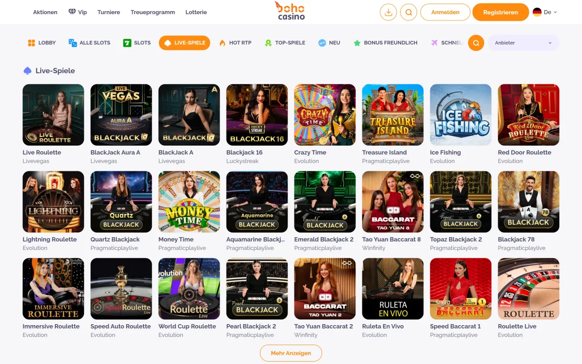 Live Casino von Boho Casino mit Roulette und Blackjack Tischen