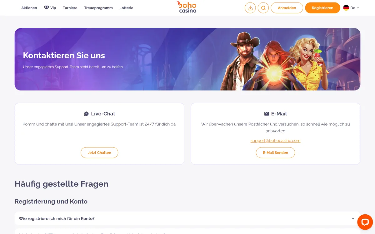 Live Chat von Boho Casino am rechten Bildschirmrand
