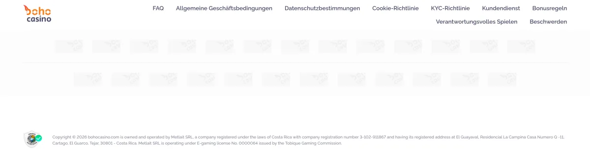 Lizenzangaben und Zahlungslogos im Fußbereich von Boho Casino