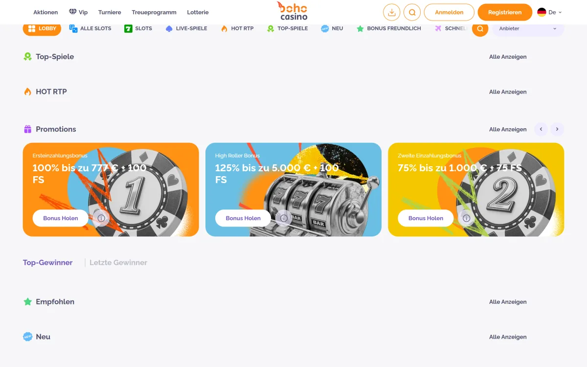 Lobby von Boho Casino mit Promo Slider und Spielkategorien
