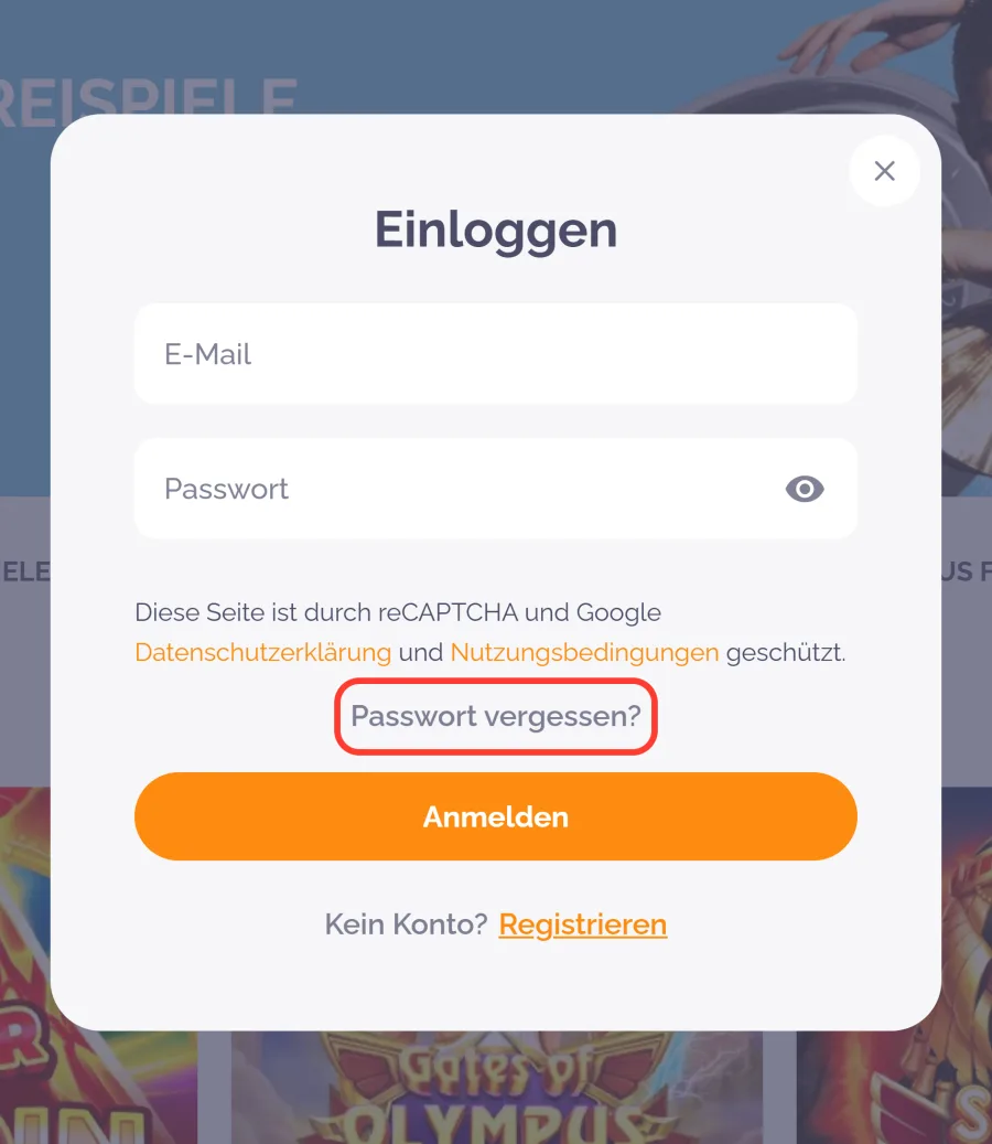 Link Passwort vergessen im Login Fenster von Boho Casino