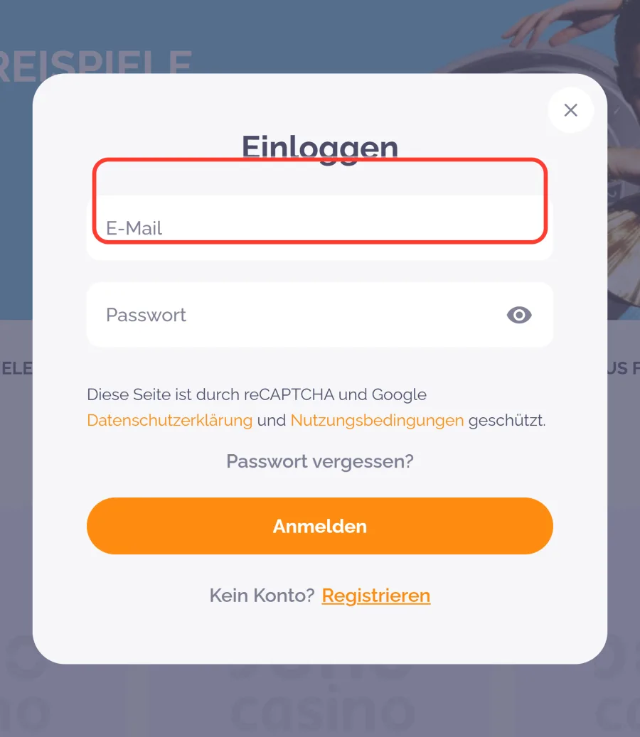 E Mail Eingabe im Login Fenster von Boho Casino