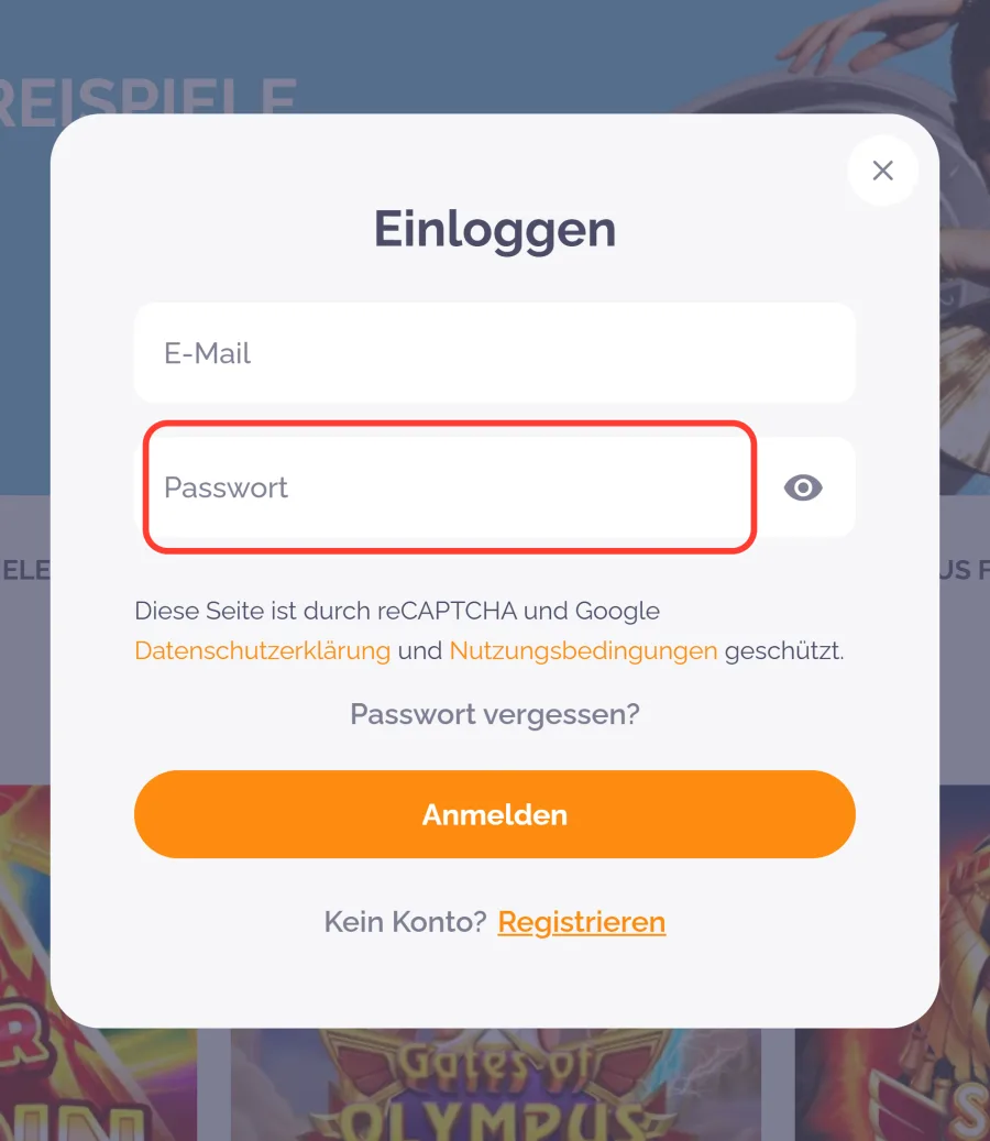 Passworteingabe beim Login im Boho Casino