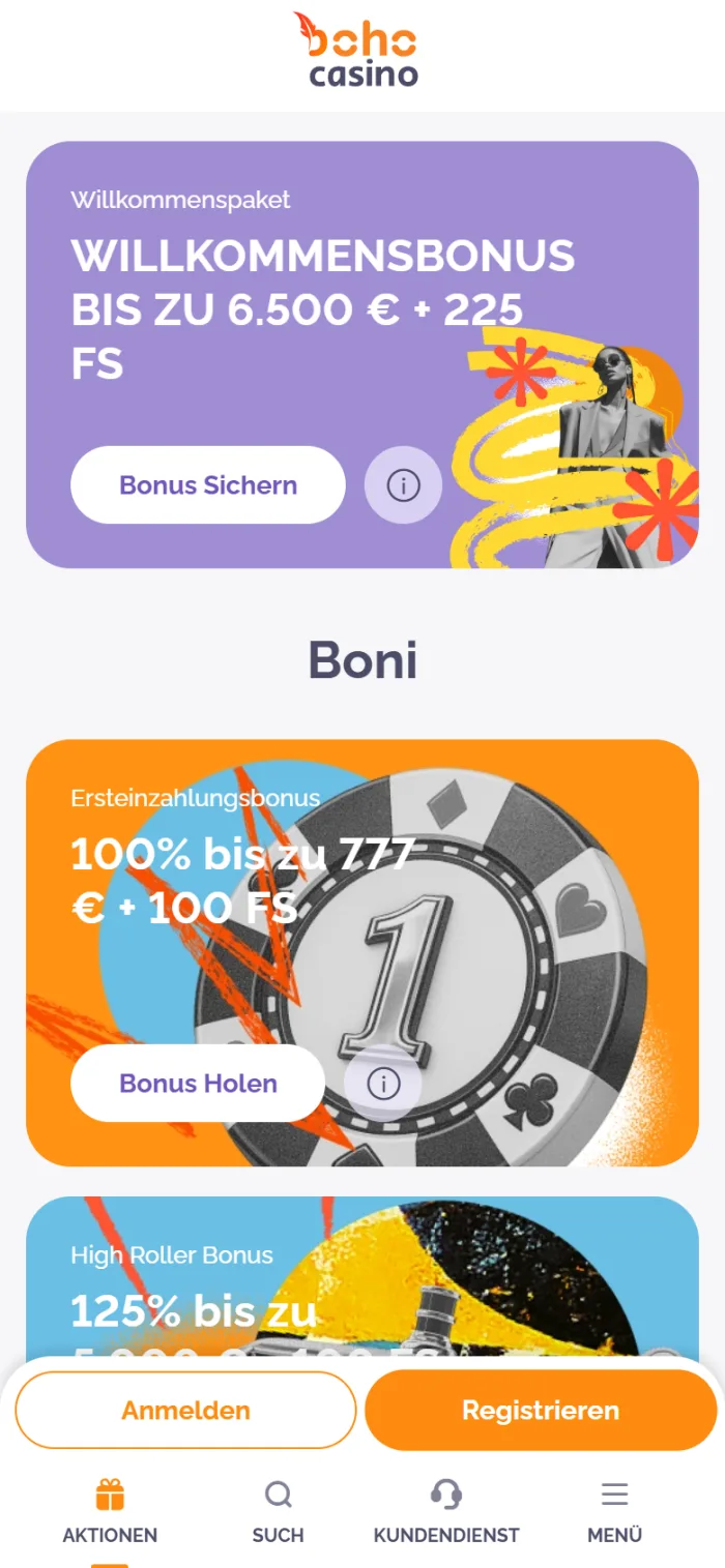 Aktionen bei Boho Casino in der mobilen Ansicht