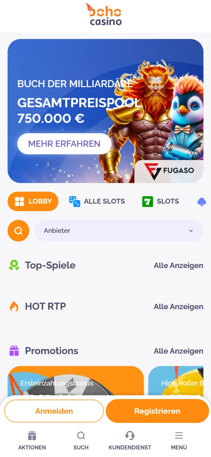 Boho Casino als Web App auf dem Smartphone