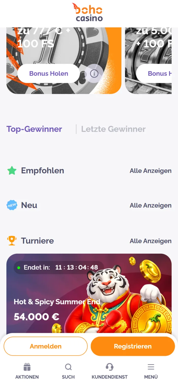 Spielauswahl im Boho Casino auf dem Smartphone