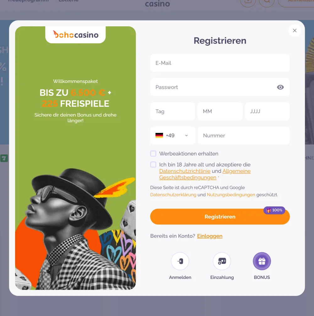 Registrierungsformular von Boho Casino mit Willkommenspaket