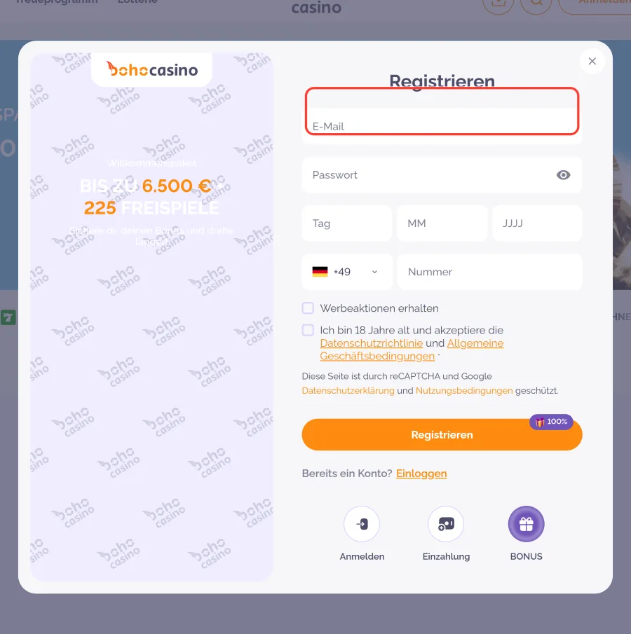 E Mail Feld im Anmeldeformular von Boho Casino
