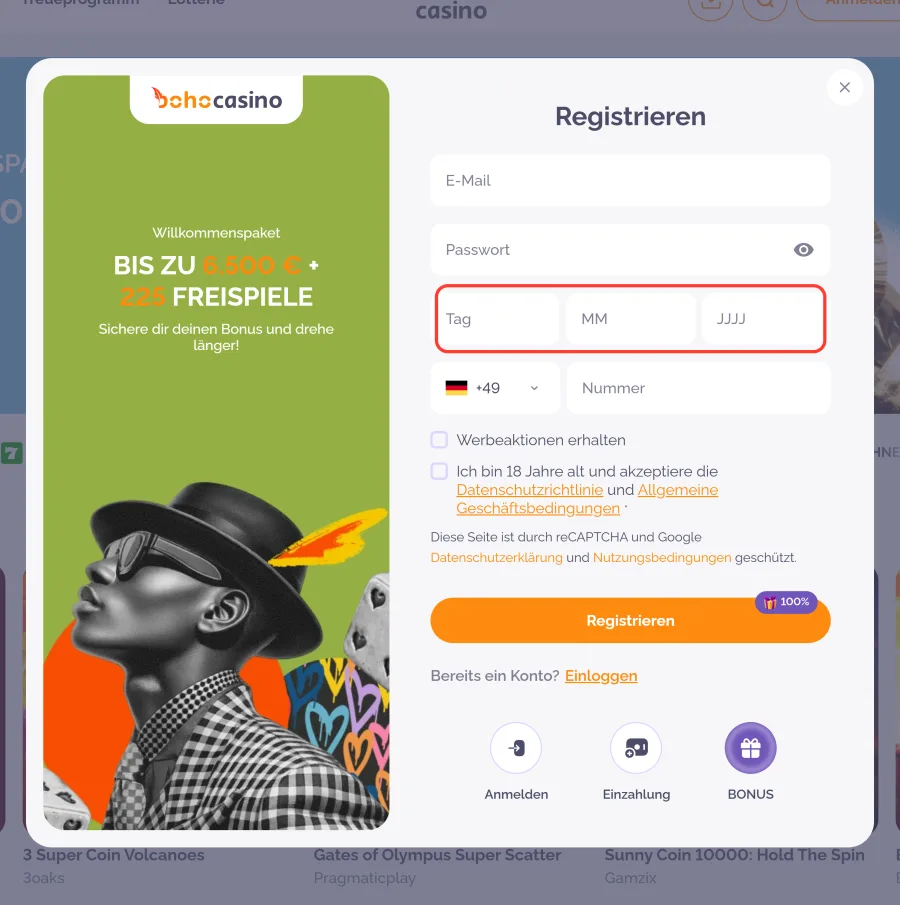 Felder für das Geburtsdatum bei der Registrierung im Boho Casino