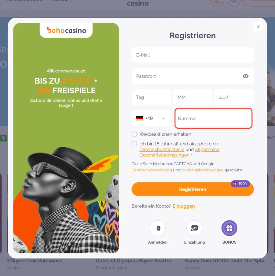 Eingabe der Telefonnummer mit Vorwahl plus 49 bei Boho Casino