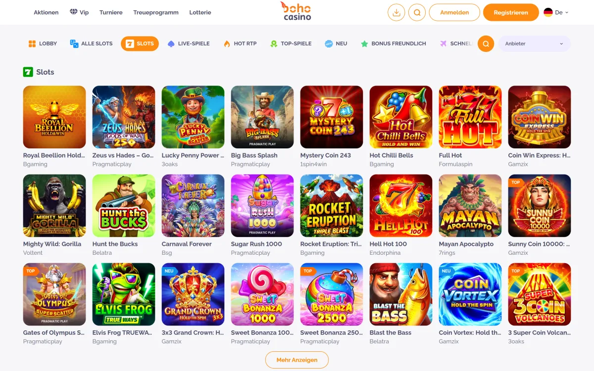 Slot Auswahl im Boho Casino in der Kategorieansicht