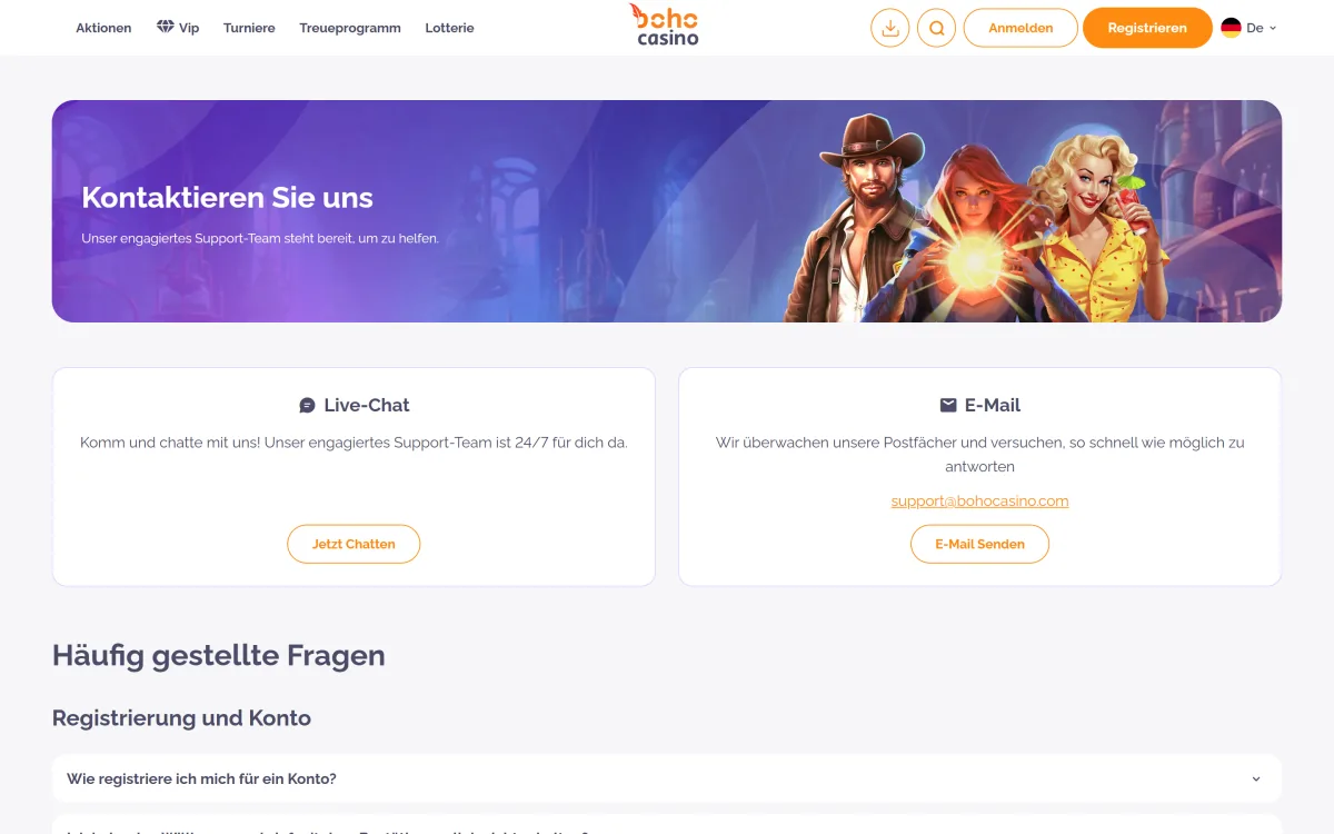 Supportseite von Boho Casino mit Kontaktwegen