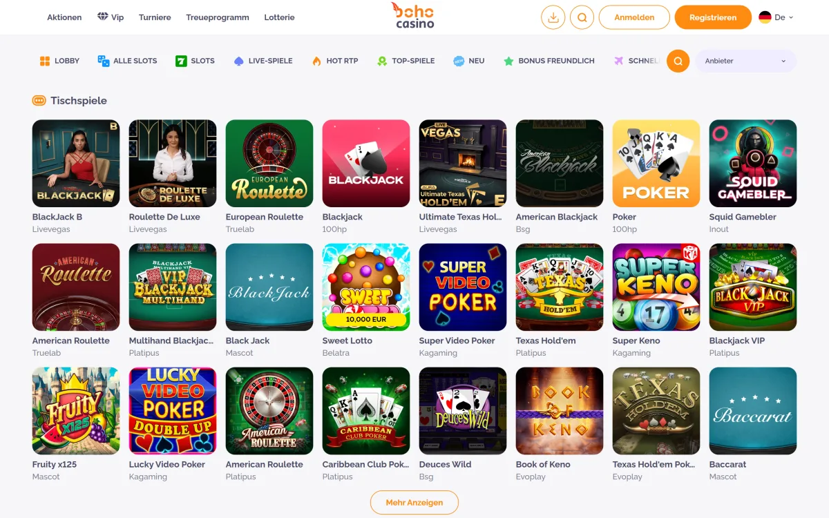 Tischspiele im Boho Casino mit Roulette und Blackjack Varianten