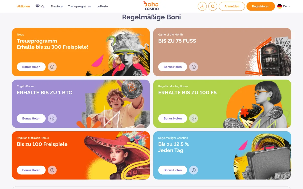 Wochenaktionen bei Boho Casino mit Freispielen am Montag und Mittwoch